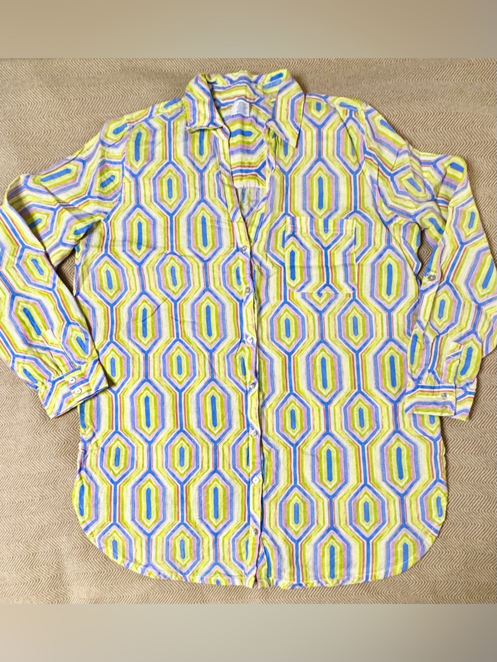Sigrid Olsen Linen Button Down Coverup in Blue, Lime & Pink Pattern Size Large